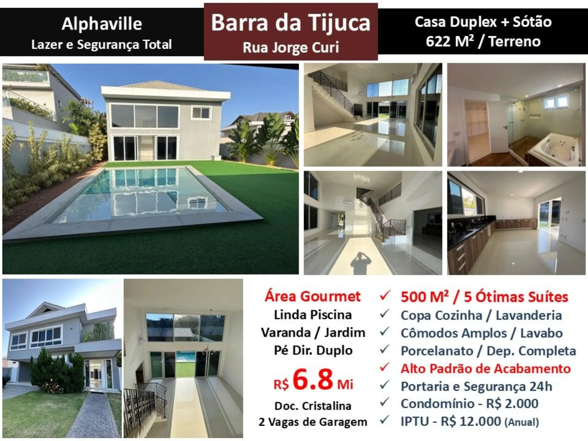Banner informativo da Casa Duplex + Sótão 500m² no Alphaville Barra da Tijuca — 5 suítes, piscina, área gourmet, R$ 6.8 Mi