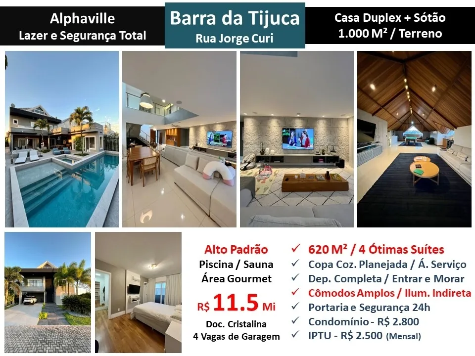 Vista lateral da casa com área externa ampla e jardim tropical no Alphaville Barra