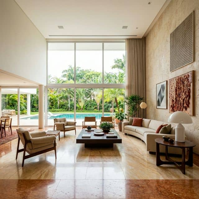 Interior de mansão de alto padrão no Alphaville Barra da Tijuca com sala ampla e vista para jardim tropical